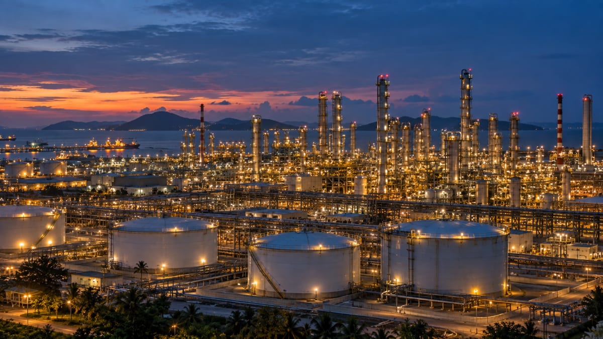 Large modern refinery complex at dusk with distillation columns and a tank farm