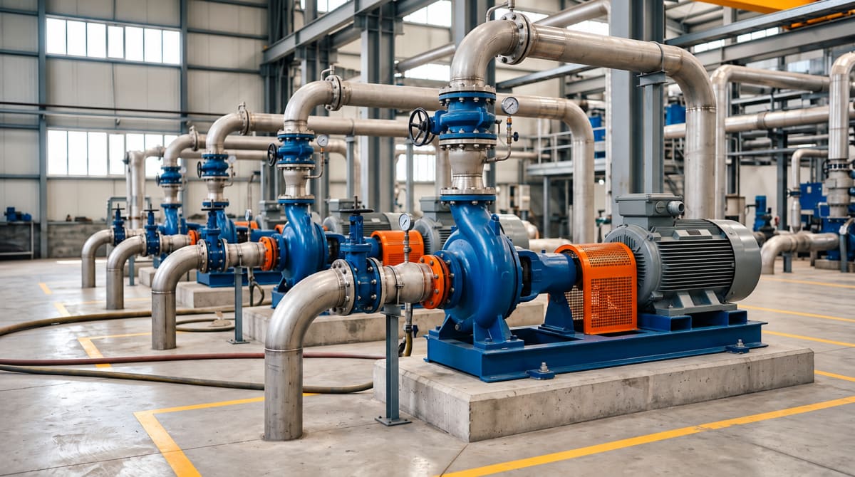 Industrial pump manufacturing floor with machined casings on an assembly line