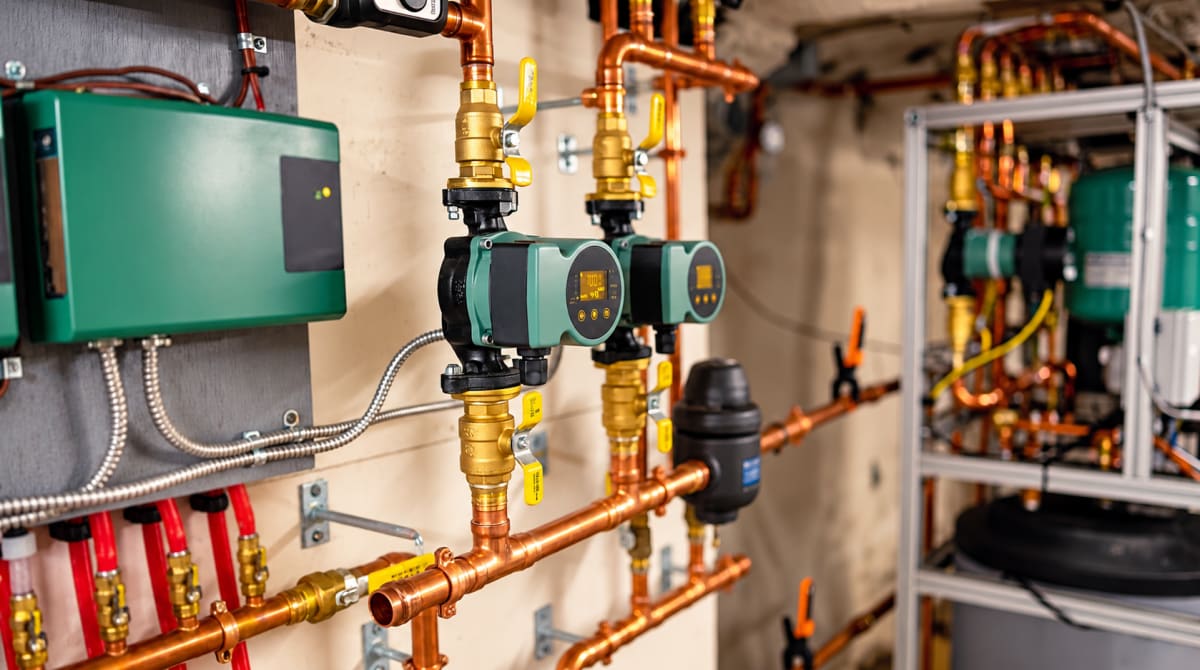 Compact electronically commutated circulator pump installed on a heating system manifold