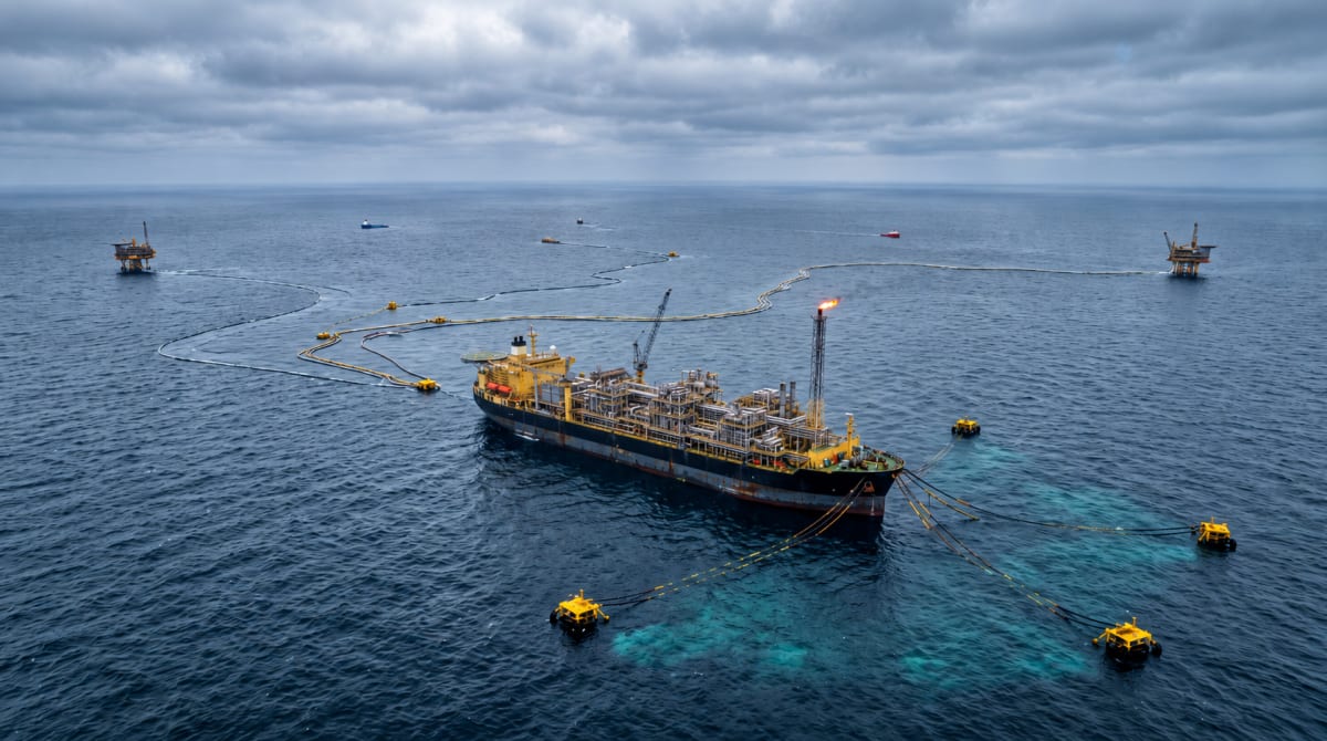 Floating production storage and offloading vessel on a grey northern sea