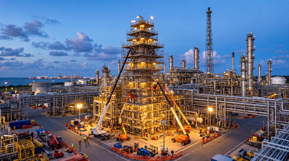 Refinery unit wrapped in scaffolding during a maintenance turnaround at dusk