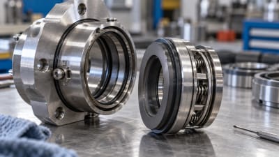 Mechanical seal cartridge on a workshop bench showing the lapped faces and springs
