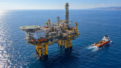 Offshore gas processing platform in calm Mediterranean water with a supply vessel nearby