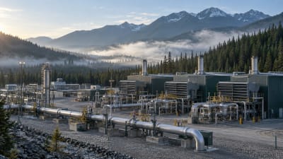Natural gas compressor station in a forested northern valley with morning mist