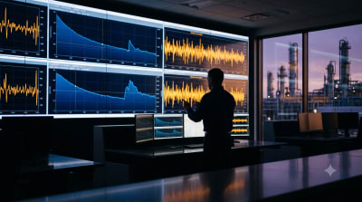 Control room operator reviewing vibration trend data on multiple screens