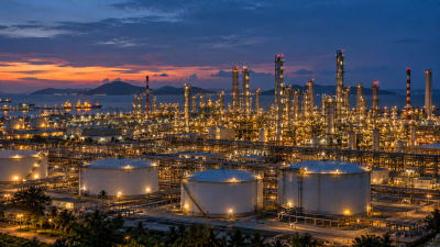 Large modern refinery complex at dusk with distillation columns and a tank farm