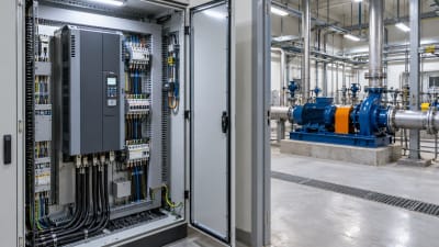 Variable frequency drive cabinet in an electrical room with a pump and motor skid beyond