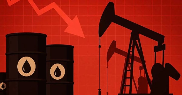 Flat illustration of oil drums and a pumpjack silhouetted against a red background, with a falling arrow behind them