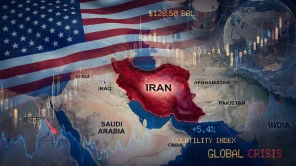 Composite graphic of Iran and the Gulf on a regional map, layered over a United States flag, candlestick charts and a crude price of $120.50 a barrel