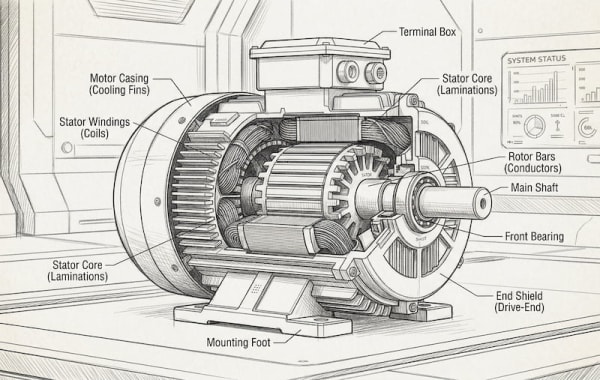 Cutaway drawing of an induction motor with the terminal box, stator windings, stator core laminations, rotor bars, main shaft, front bearing and drive-end shield labelled