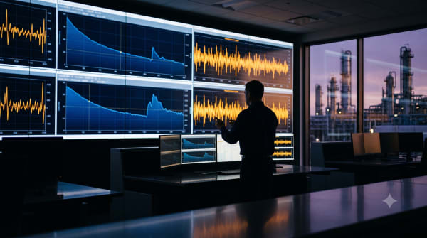 Control room operator reviewing vibration trend data on multiple screens
