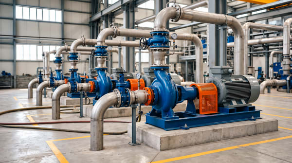 Industrial pump manufacturing floor with machined casings on an assembly line