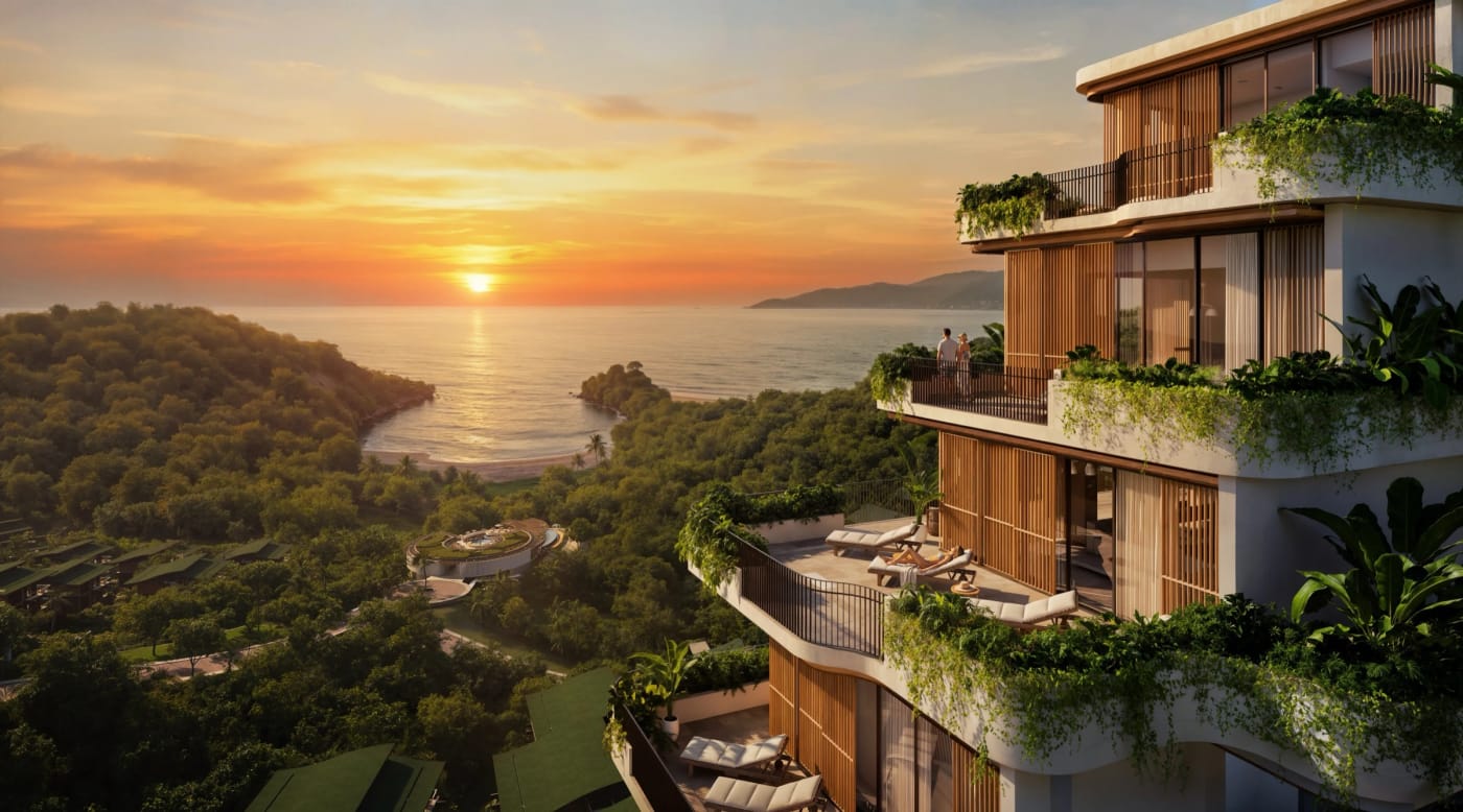 Rendering der begrünten Terrassen der Residenzen im Maravé Manuel Antonio mit Blick auf den Pazifik