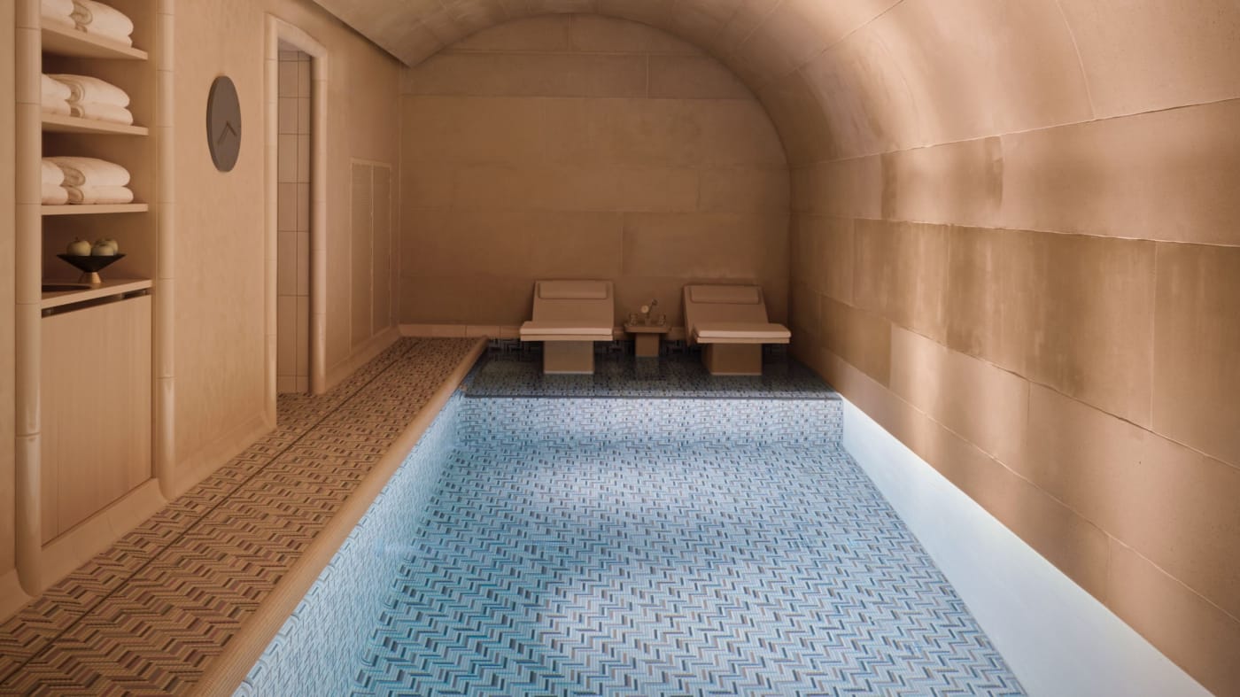 The vaulted pool in the spa at The St. Regis Budapest, inspired by Hungarian thermal baths