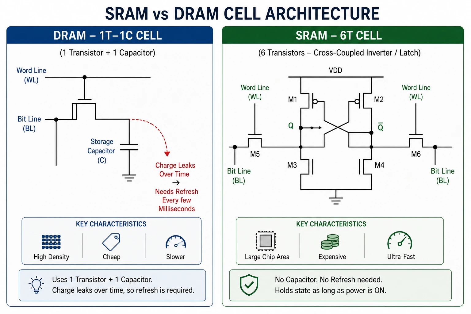 SRAM vs DRAM cell architecture showing 1T-1C capacitor and 6T latch circuit.
