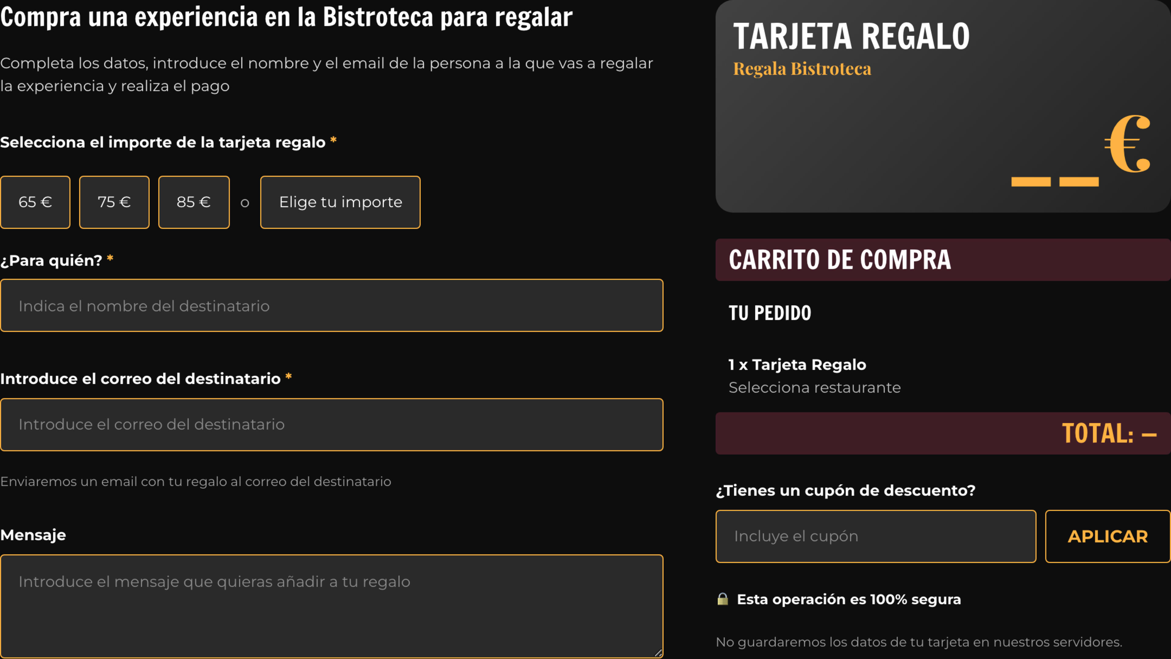 Selector de importe de la tarjeta regalo con previsualización en vivo: al elegir el importe la tarjeta se redibuja al instante