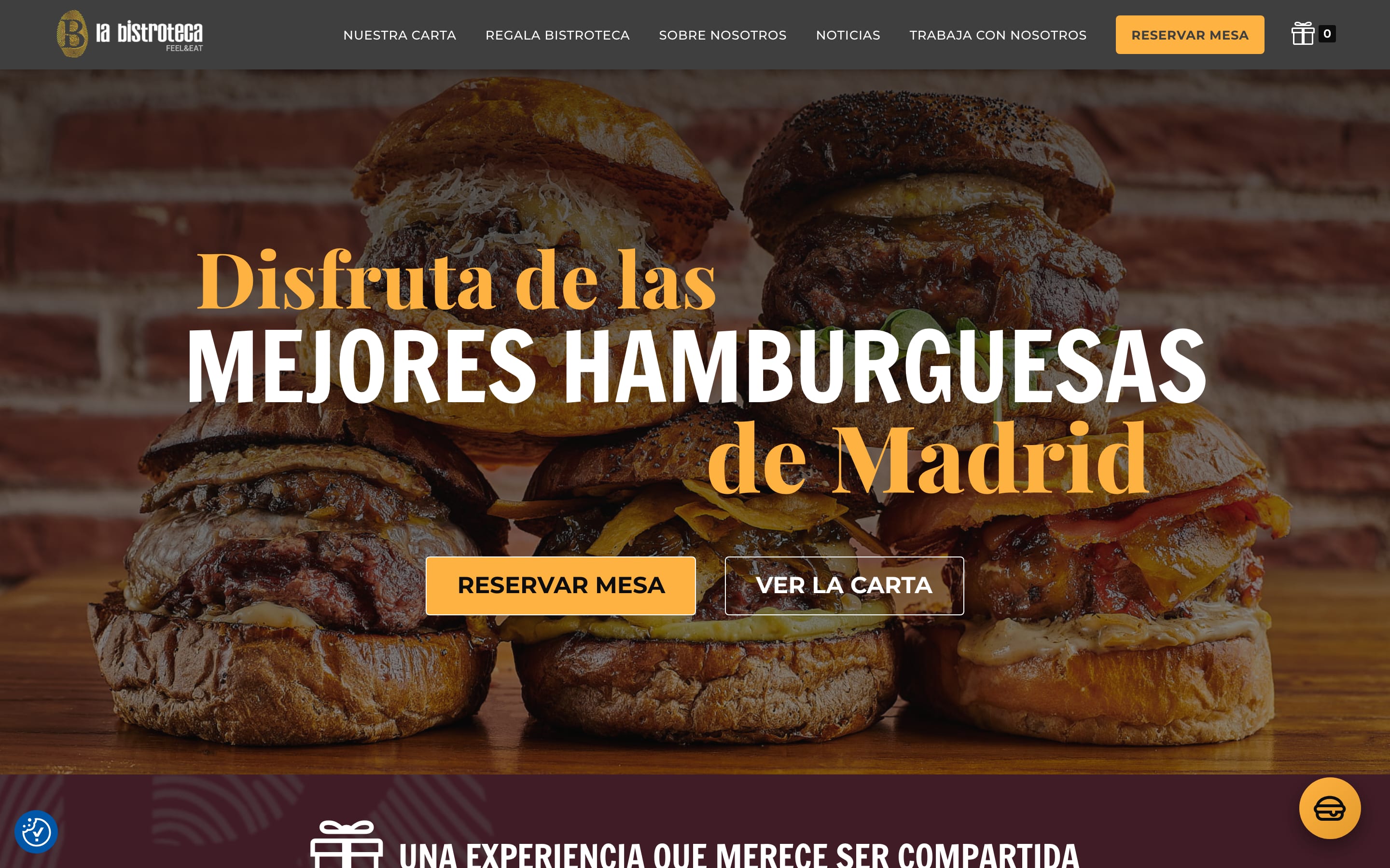 Home nueva de La Bistroteca: titular «Mejores hamburguesas de Madrid», CTAs de reserva y sección de tarjeta regalo