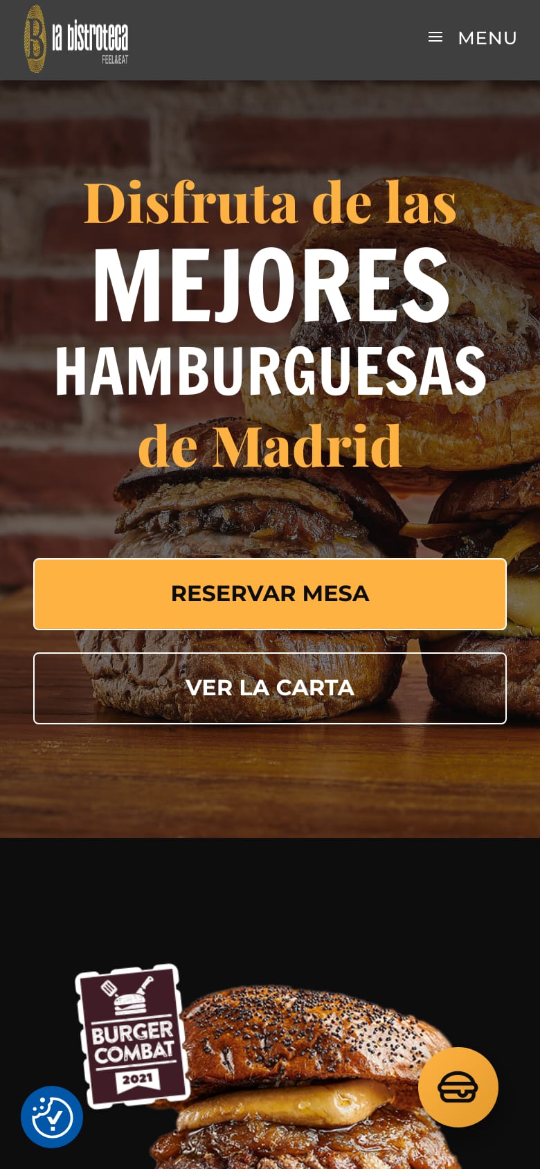 Home nueva de La Bistroteca en móvil: titular «Mejores hamburguesas de Madrid» con los botones de reservar mesa y ver la carta