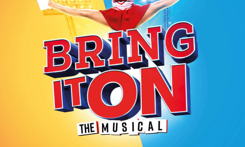 A cheerleader with pom poms doing the splits in mid-air