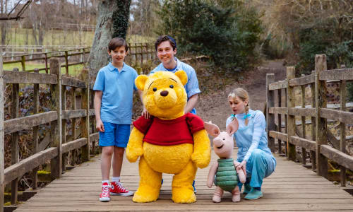 Two puppeteers standing behind puppets of Winnie the Pooh and Piglet, with a young boy stood next to them