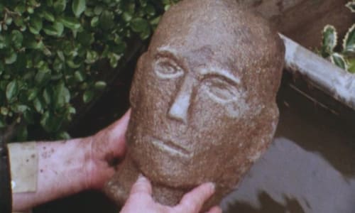Two hands hold a stone head that has been brought out of muddy water.