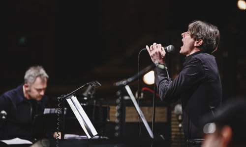 A man with brown hair sings into a microphone.