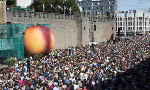 It's not every day you get to see a giant peach outside Cardiff Castle