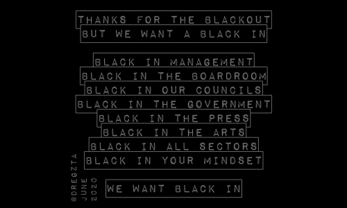 Black In artwork by Jason Camilleri featuring words in white text on a black background