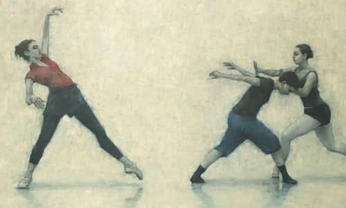 A painting by artist, Carl Chapple featuring three dancers in rehearsals