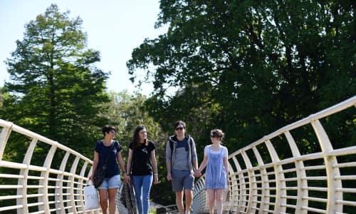 People walking across a footbridge