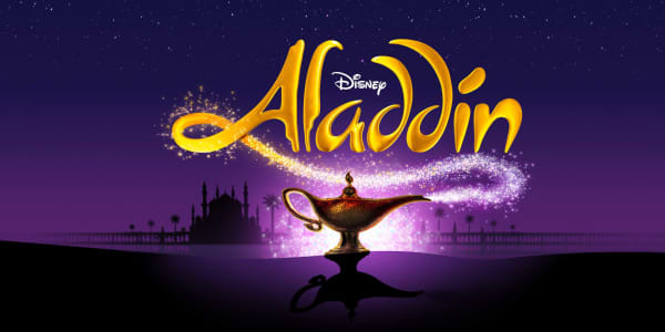 Logo for Disney's Aladdin with magic lamp.