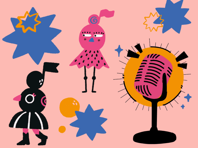 Colourful illustrated characters stand next to a microphone.