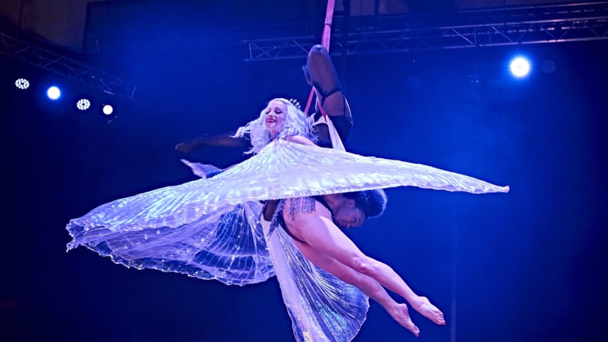 Foo Foo LaBelle and Bunmi Odumosu performing spinning aerial tricks