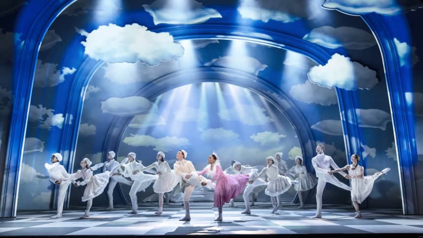 Group of dancers in bright cloud whimsical scene 