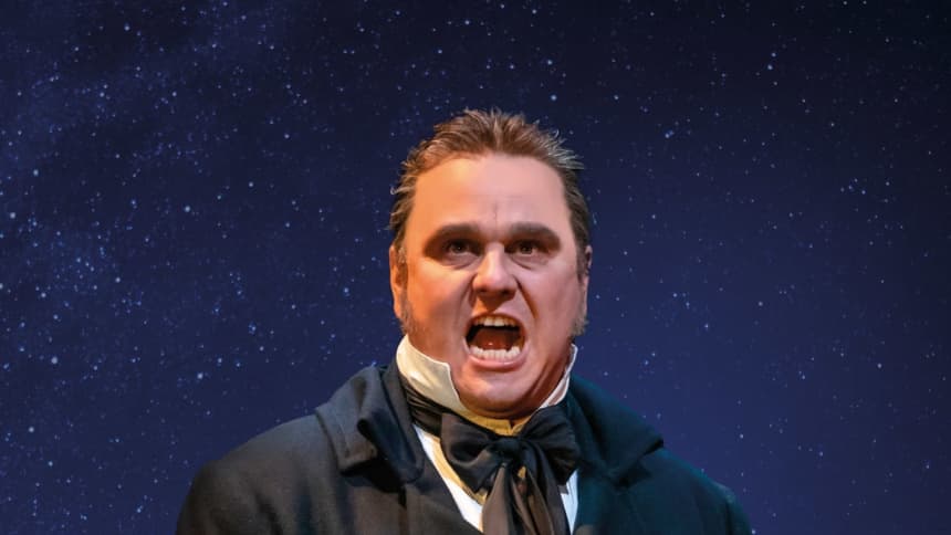 Javert singing stars in front of night sky background 