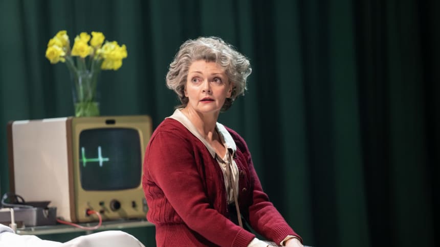 Actor Sharon Small as Jenny Lee, sat on a hospital bed with a vase of daffodils in the background