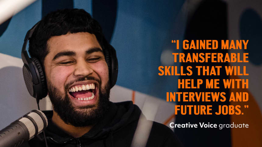 A young person laughing with quote that reads: "I gained many transferable skills that will help me with interviews and future jobs."