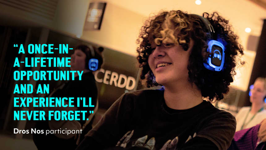 A young person at a silent disco. Quote reads "A once-in-a-lifetime opportunity and an experience I'll never forget."