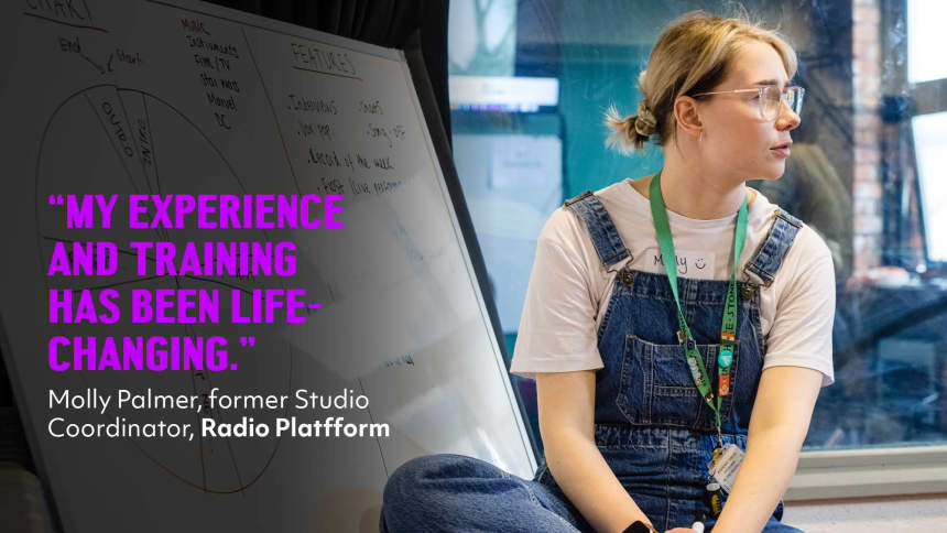 Molly Palmer, former Studio Coordinator at Radio Platfform leading a workshop. A quote by her reads "My experience and training has been life-changing."