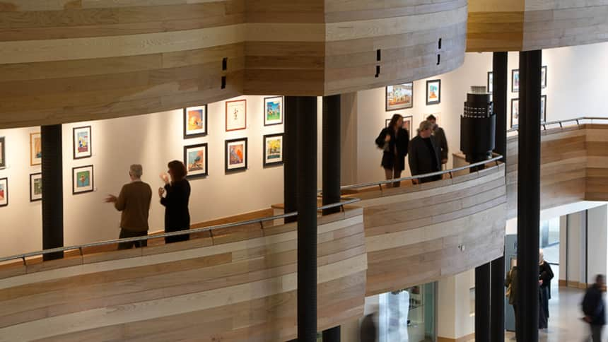 The interior of the building contains five different types of sustainable hardwoods, all sourced from Welsh woodlands