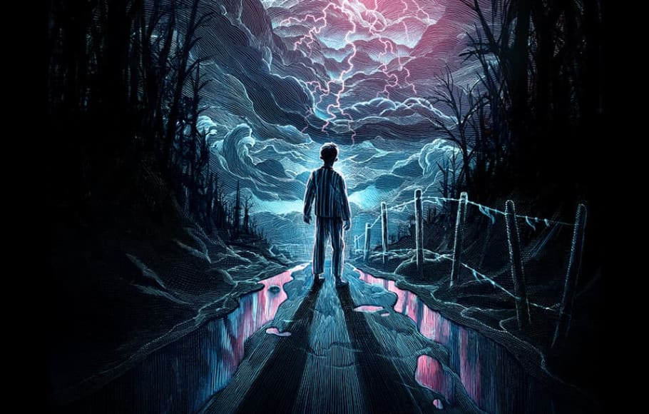 The silhouette of a boy in a dark wood