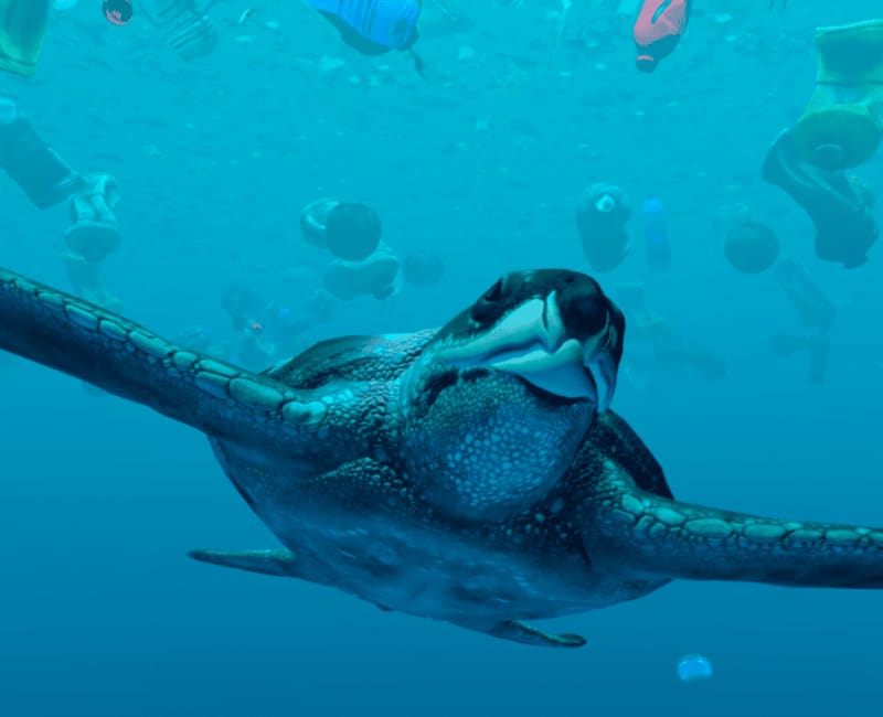 A virtual reality turtle swims in the ocean surrounded by rubbish.