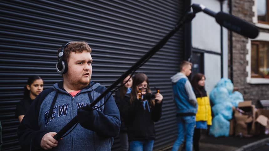 Young people working on a short film shoot as part of Life Hack 2023