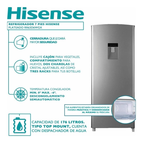 Refrigerador Hisense de 7 Pies, Color Plateado, Modelo: RR63D6WGX