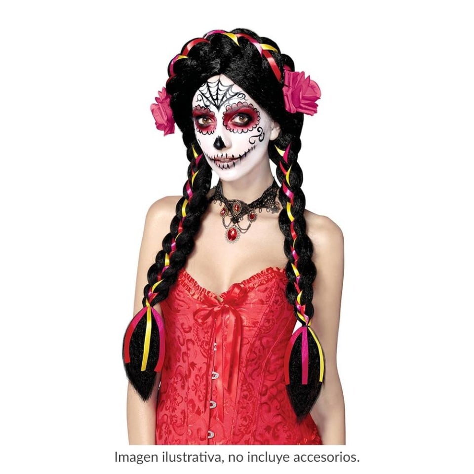 Peluca Way to Celebrate Trenzada Día ce los Muertos con Flor Rosa | Walmart