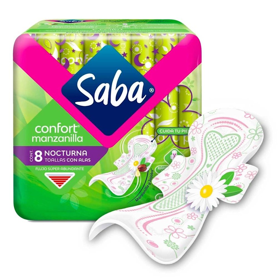 Toallas Femeninas Saba Confort Manzanilla Nocturna Flujo Súper Abundante Con Alas 8 Pzas Walmart 9124