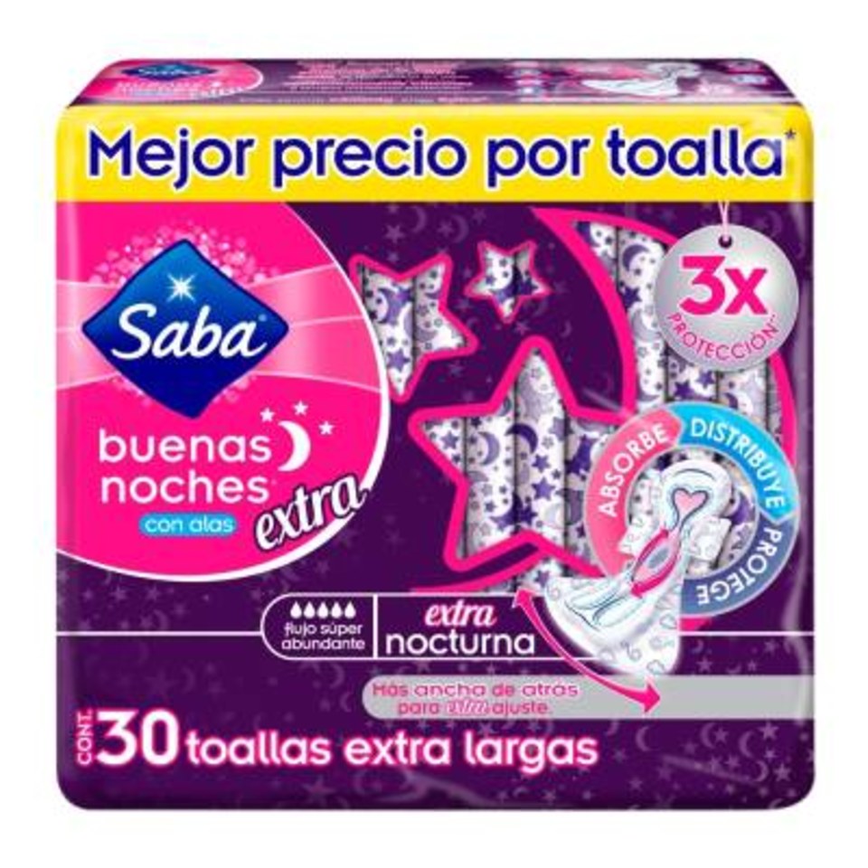 Toallas Femeninas Saba Buenas Noches Flujo Súper Abundante Extra Largas Con Alas 30 Pzas Walmart 2573