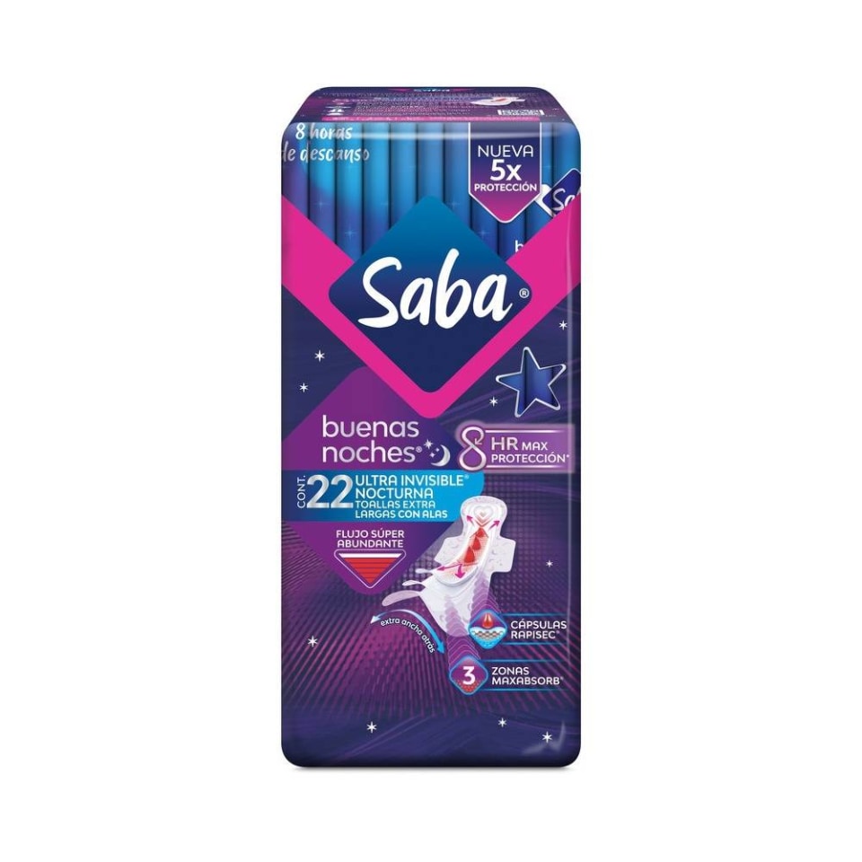 Toallas Femeninas Saba Buenas Noches Ultra Invisible Flujo Súper Abundante Con Alas 22 Pzas 2193