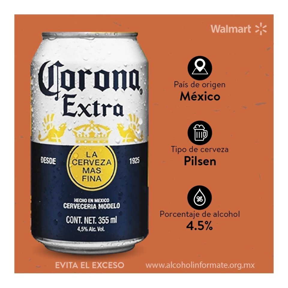 Cerveza clara Corona Extra 6 latas de 355 ml c/u | Walmart