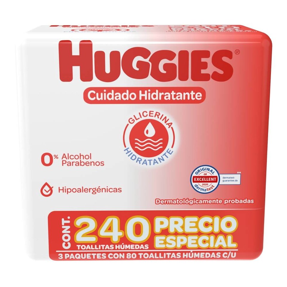 toallitas húmedas huggies cuidado hidratante 3 paquetes con 80 pzas c u